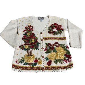 VTG Women's 90s Tiara Ugly Christmas Sweater Beige Topiary Wreath Bells Sz S